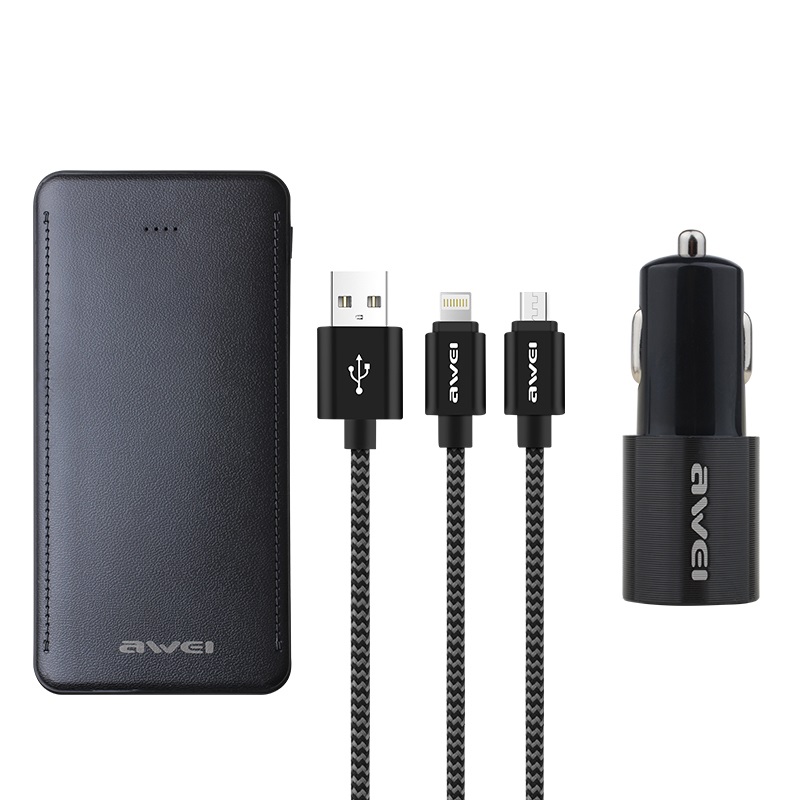 Power Bank AWEI X15, 10 000 mAh, 2 USB Output 2.0A/1.0A, Inclus adaptateur allume cigare et câble USB 2en1 MicroUSB/Lightning, Noir