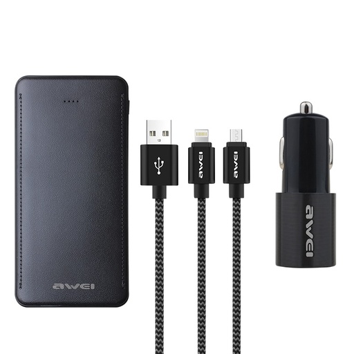 [1770] Power Bank AWEI X15, 10 000 mAh, 2 USB Output 2.0A/1.0A, Inclus adaptateur allume cigare et câble USB 2en1 MicroUSB/Lightning, Noir